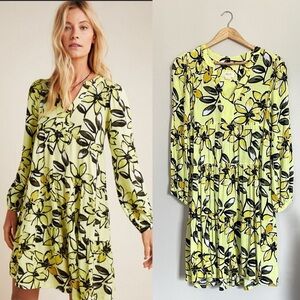 Maeve for Anthropologie Amber Tiered Tunic Yellow Floral Dress